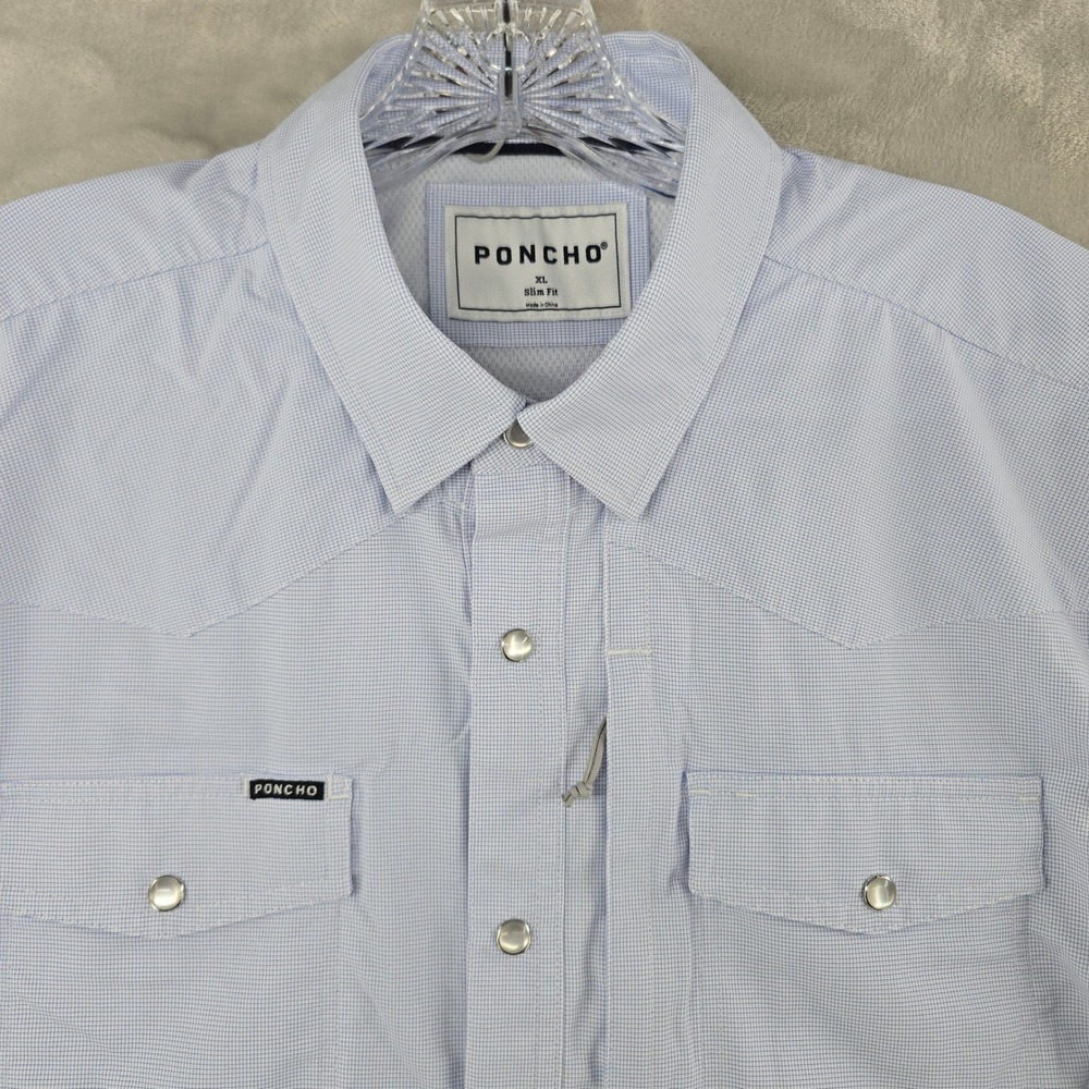 Poncho Western Shirt Mens XL Slim Blue Micro Check Short Sleeve Pearl Snap